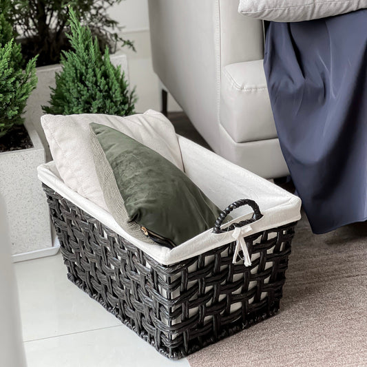 Baskets for sofa pillows, living room furniture