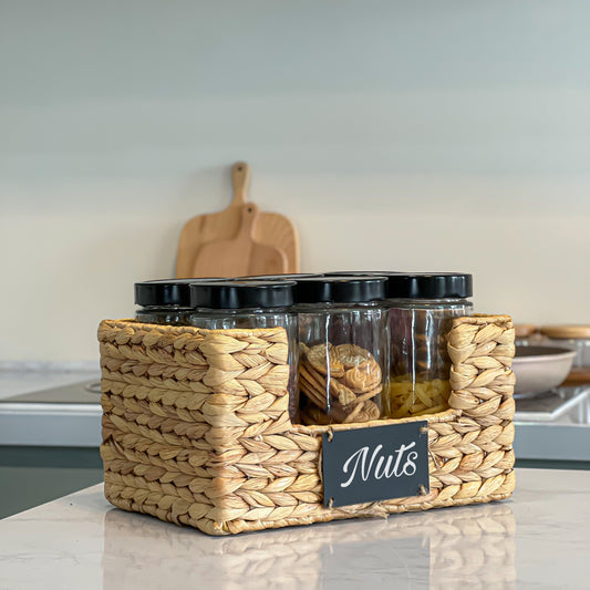 Spice baskets, glass jars, kitchen utensils